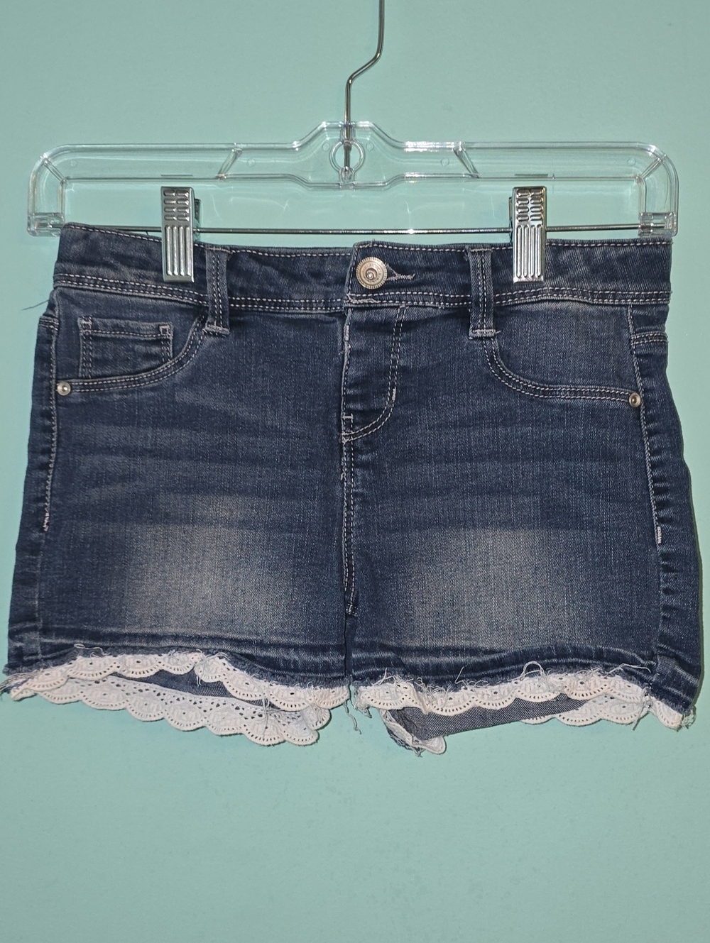 Girls' Dark Blue Denim Shorts with White Lace Trim